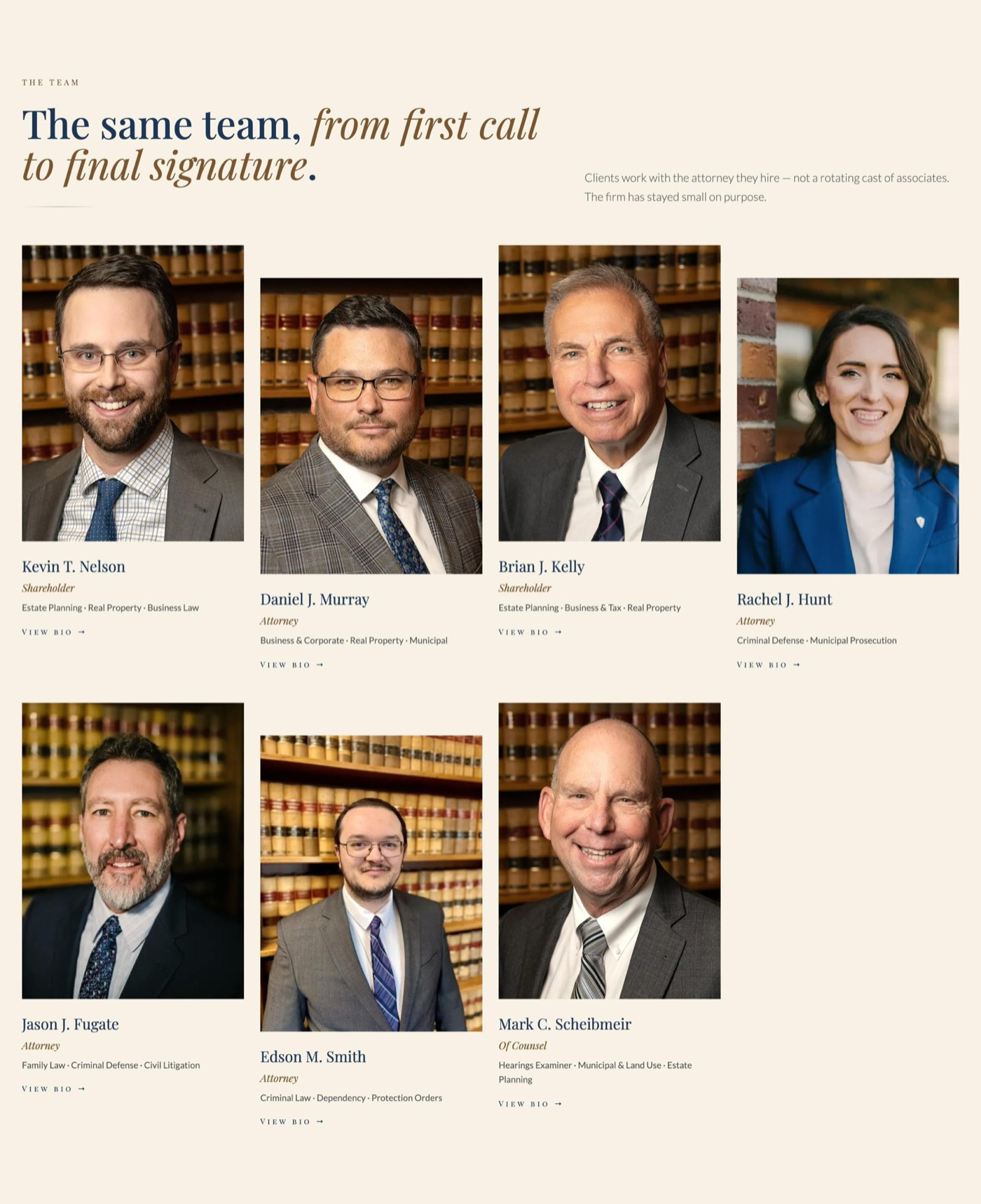 The attorney grid headed "The same team, from first call to final signature," with seven attorney portraits, titles and practice tags.