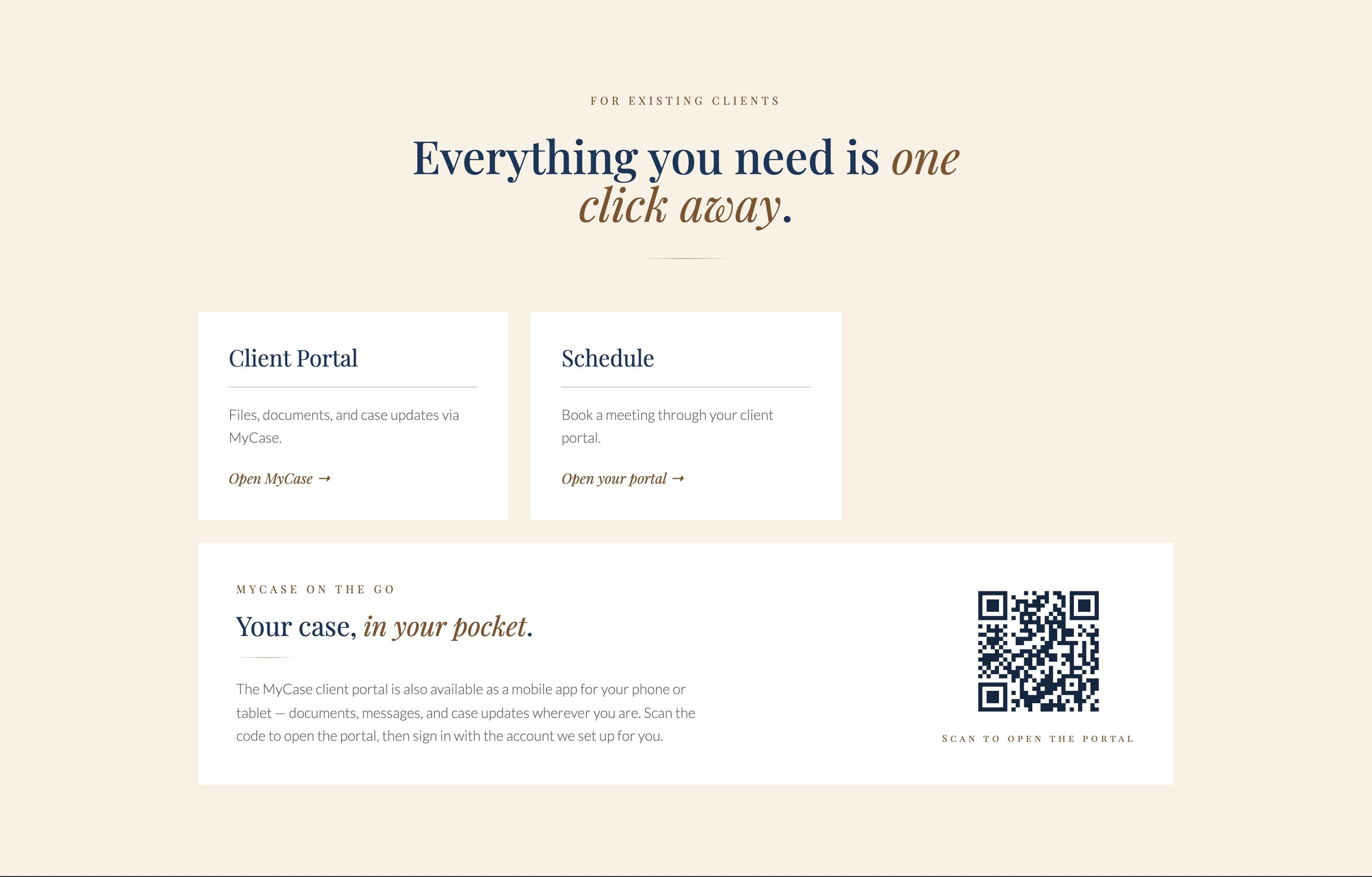 A "For existing clients" section with Client Portal and Schedule cards linking to MyCase, and a panel with a QR code for the MyCase mobile app.