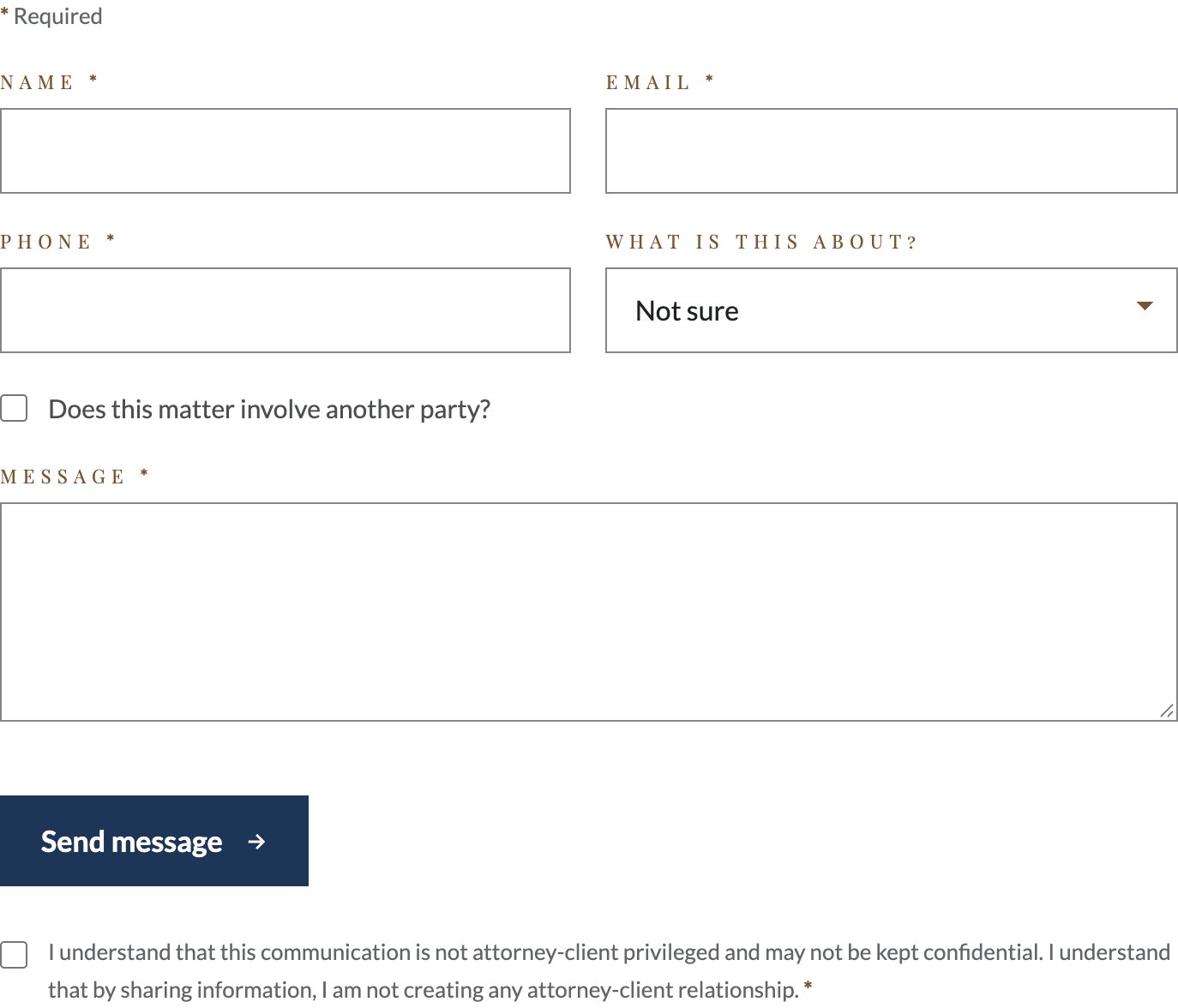 The contact form with name, email, phone, a "What is this about?" menu, a "Does this matter involve another party?" checkbox, a message box, a Send message button and a required acknowledgement checkbox.