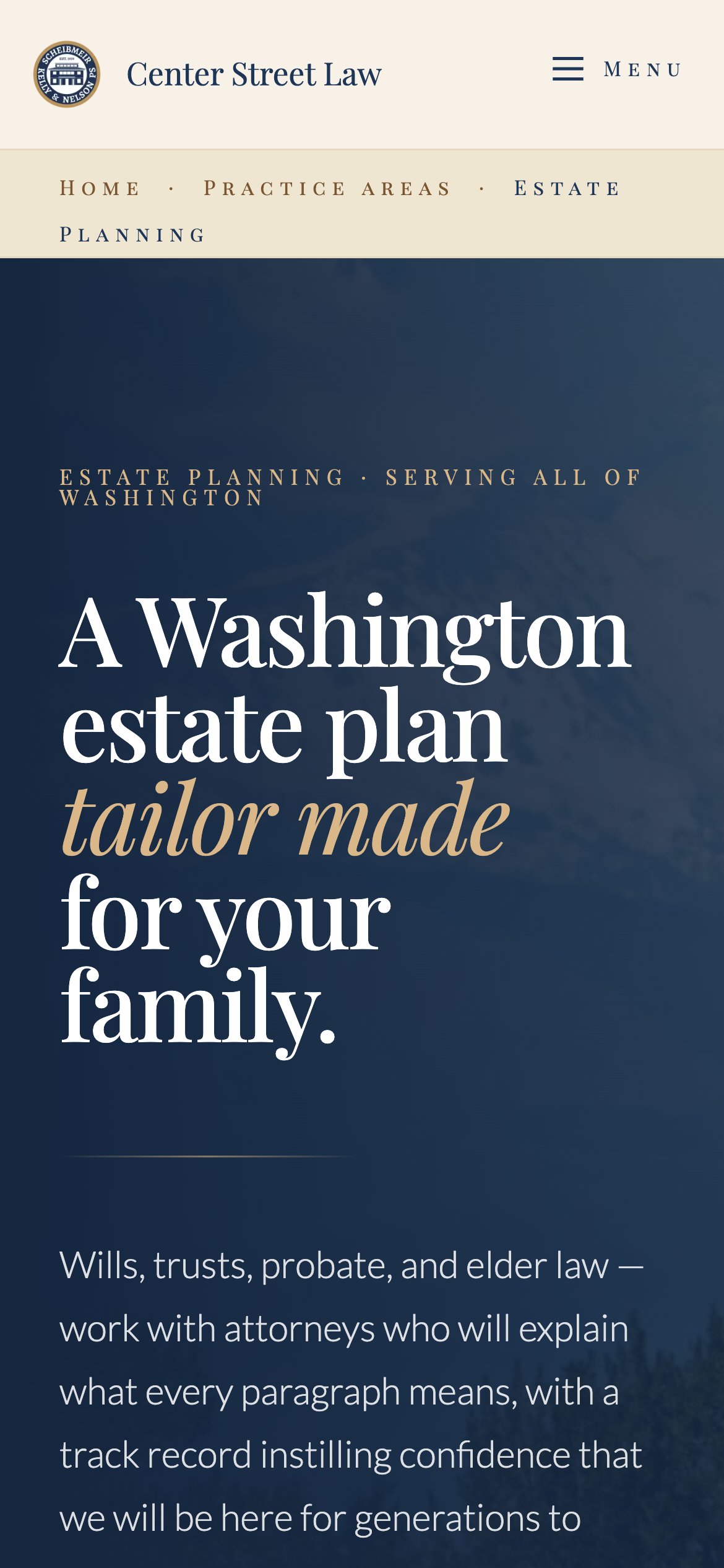 The Estate Planning page on a phone, headed "A Washington estate plan tailor made for your family."