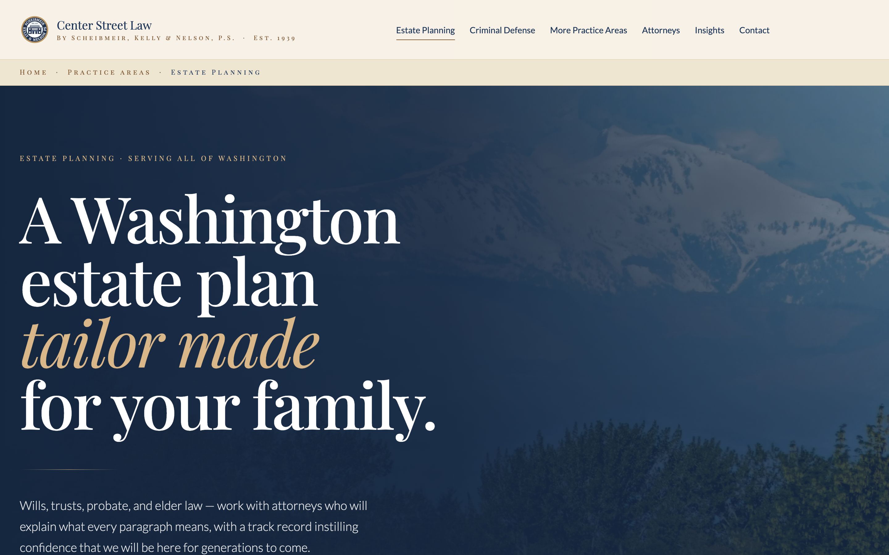 The Estate Planning page hero, headed "A Washington estate plan tailor made for your family," under a "Serving all of Washington" label, over a darkened mountain photo.