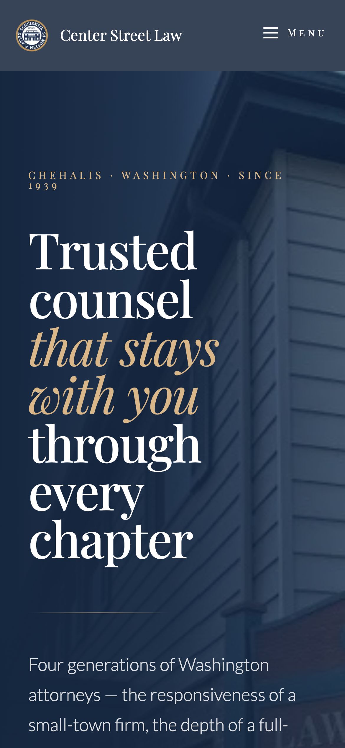 The homepage on a phone, headed "Trusted counsel that stays with you through every chapter."