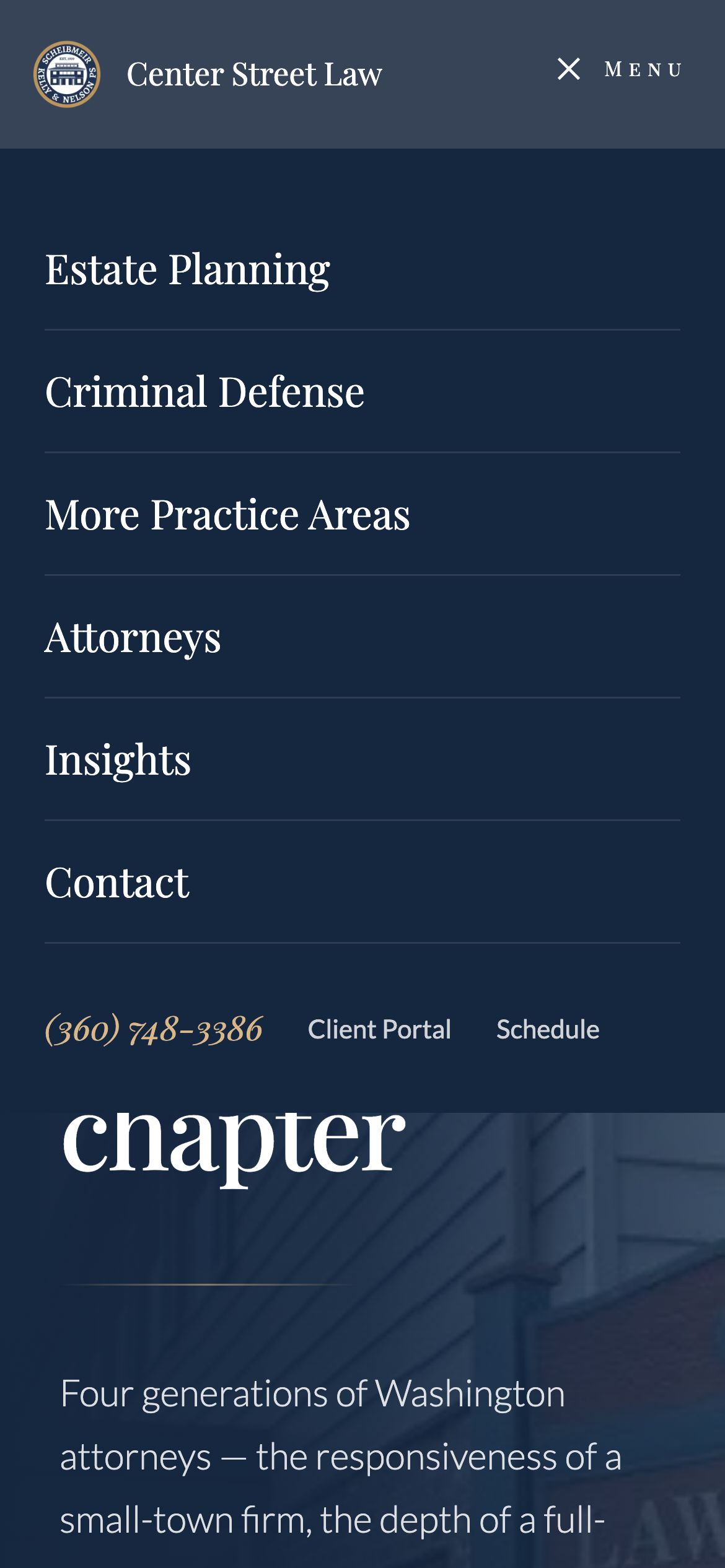 The open mobile menu, listing practice areas, attorneys and contact, with the phone number, Client Portal and Schedule links at the bottom.