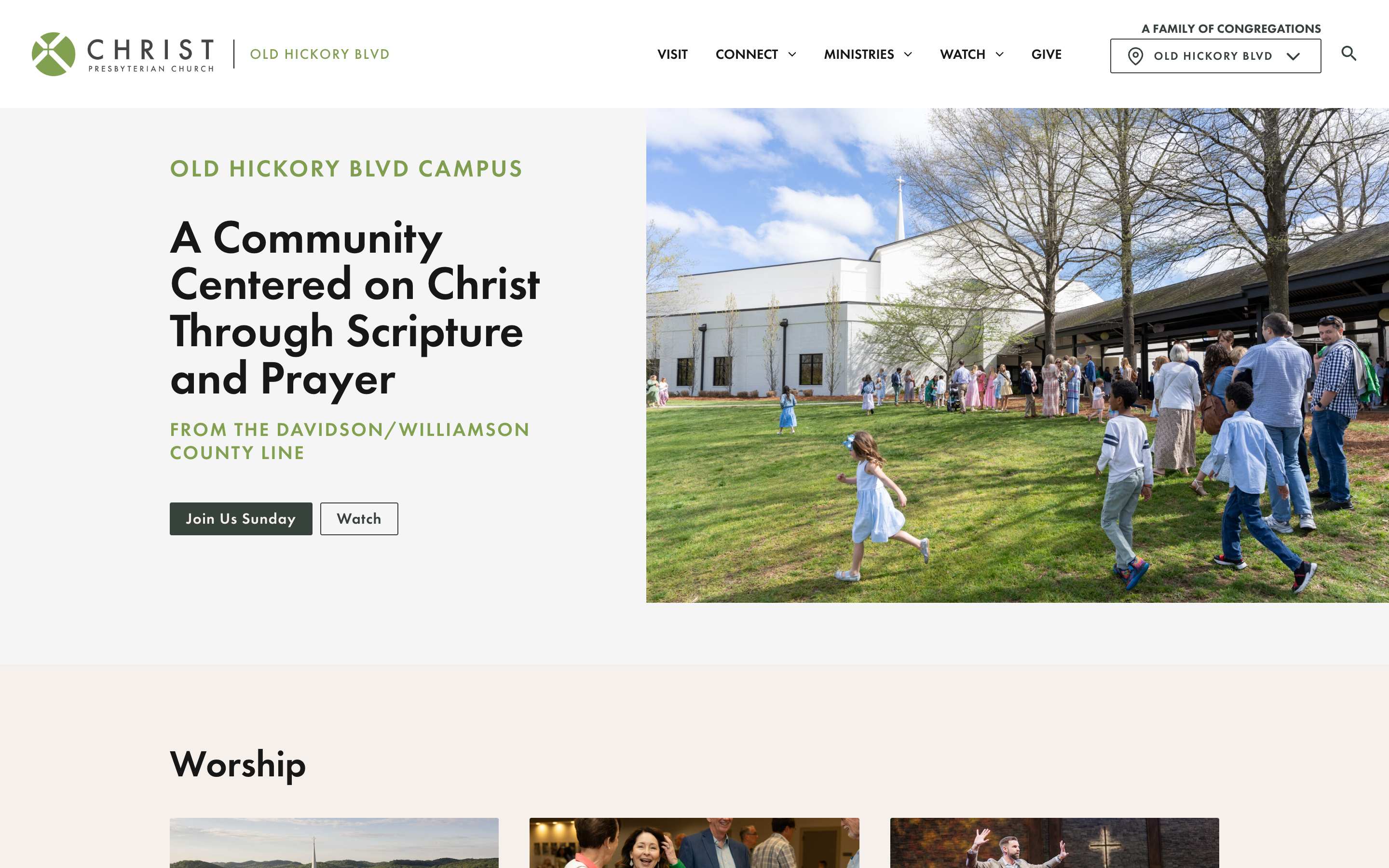 The Old Hickory Blvd campus homepage, with "Old Hickory Blvd" beside the Christ Presbyterian logo, a campus-specific menu, and the campus picker showing the current campus.