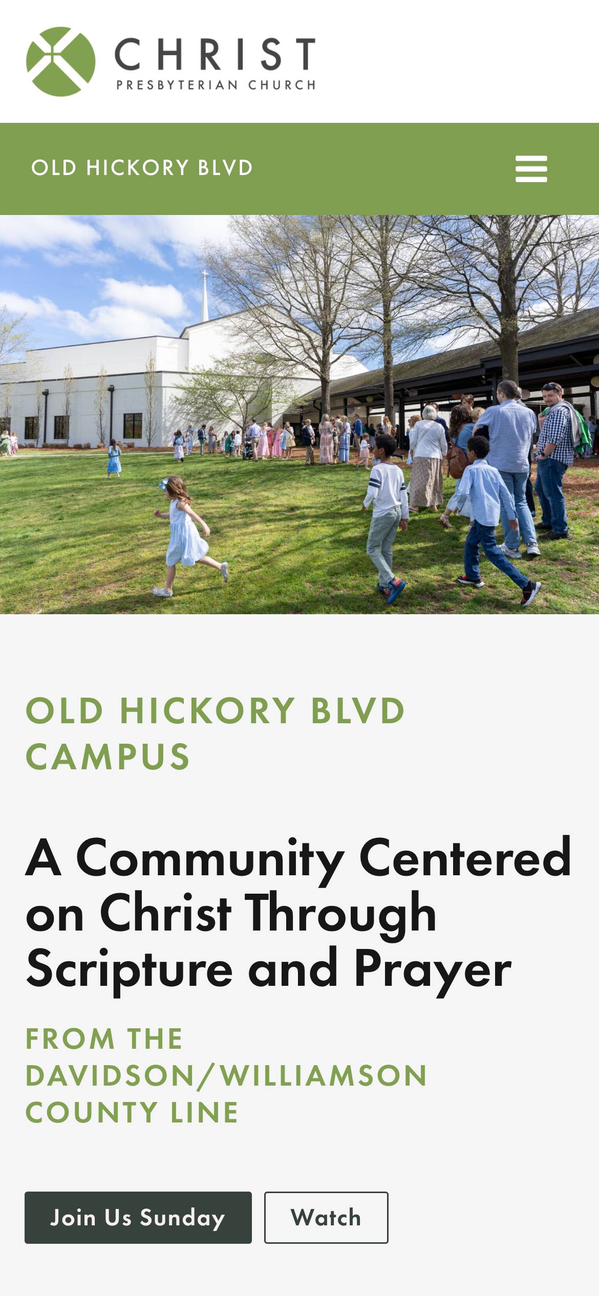 The Old Hickory Blvd campus homepage on a phone, with a green bar under the logo naming the current campus.