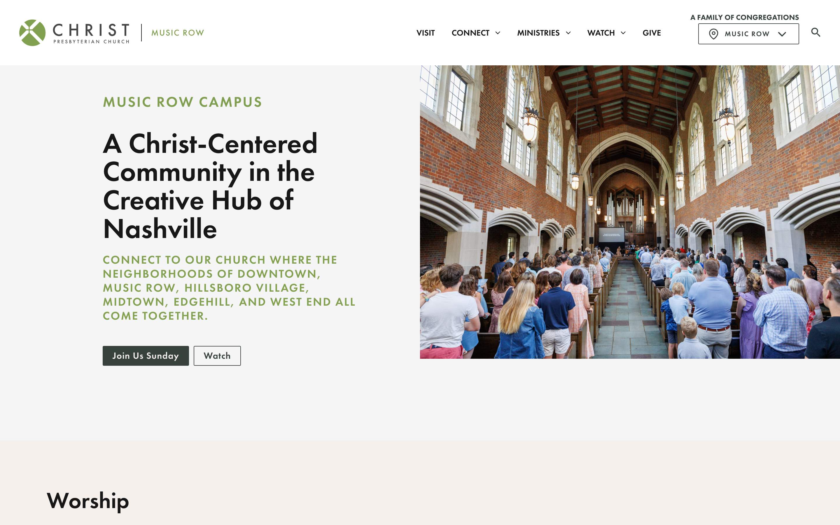 The Music Row campus homepage, with "Music Row" beside the Christ Presbyterian logo, its own hero photo, and the same campus navigation.