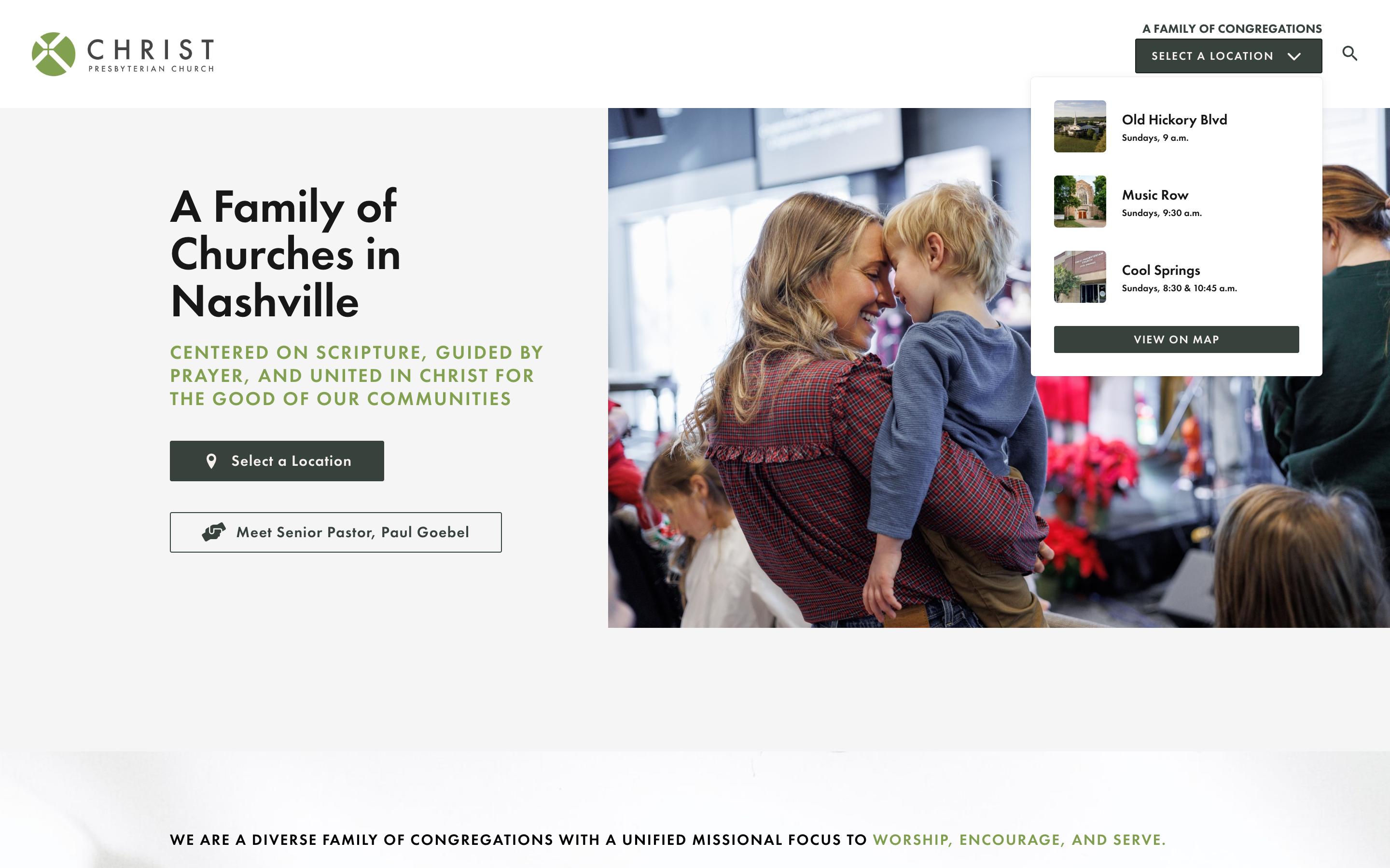 The open "A Family of Congregations" campus picker in the site header, listing Old Hickory Blvd, Music Row, and Cool Springs with a photo and Sunday service times for each, and a View on Map link.