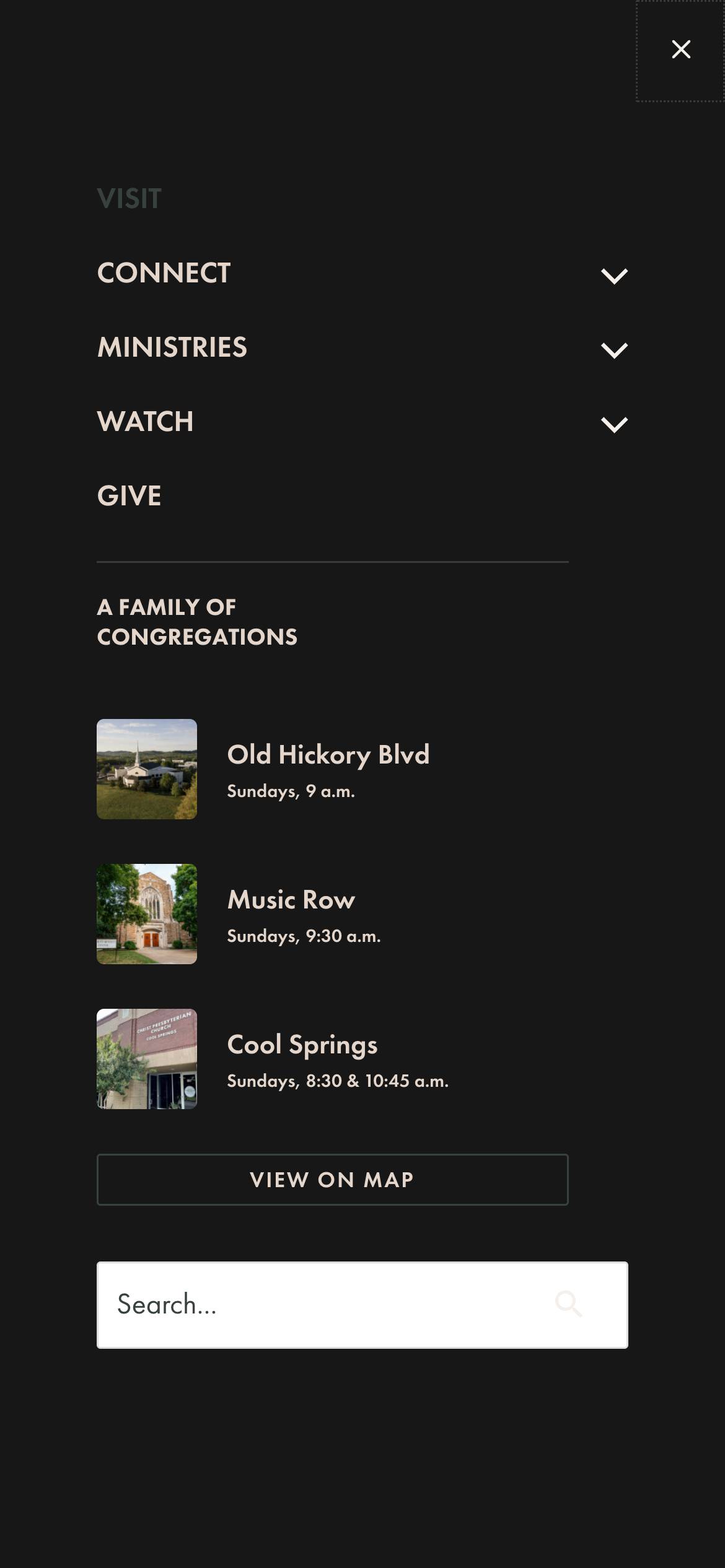 The open mobile menu on the Old Hickory Blvd campus, with campus navigation above a list of all three campuses with photos and service times.