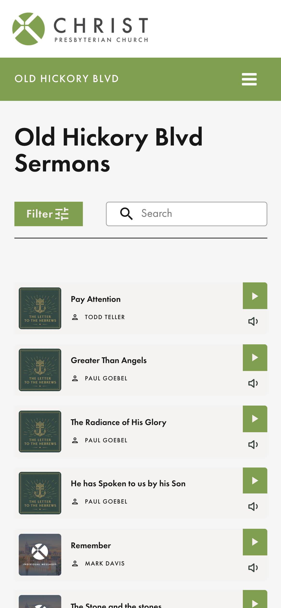 The Old Hickory Blvd sermon library on a phone, with filter and search above sermon cards, each with play and listen icons.
