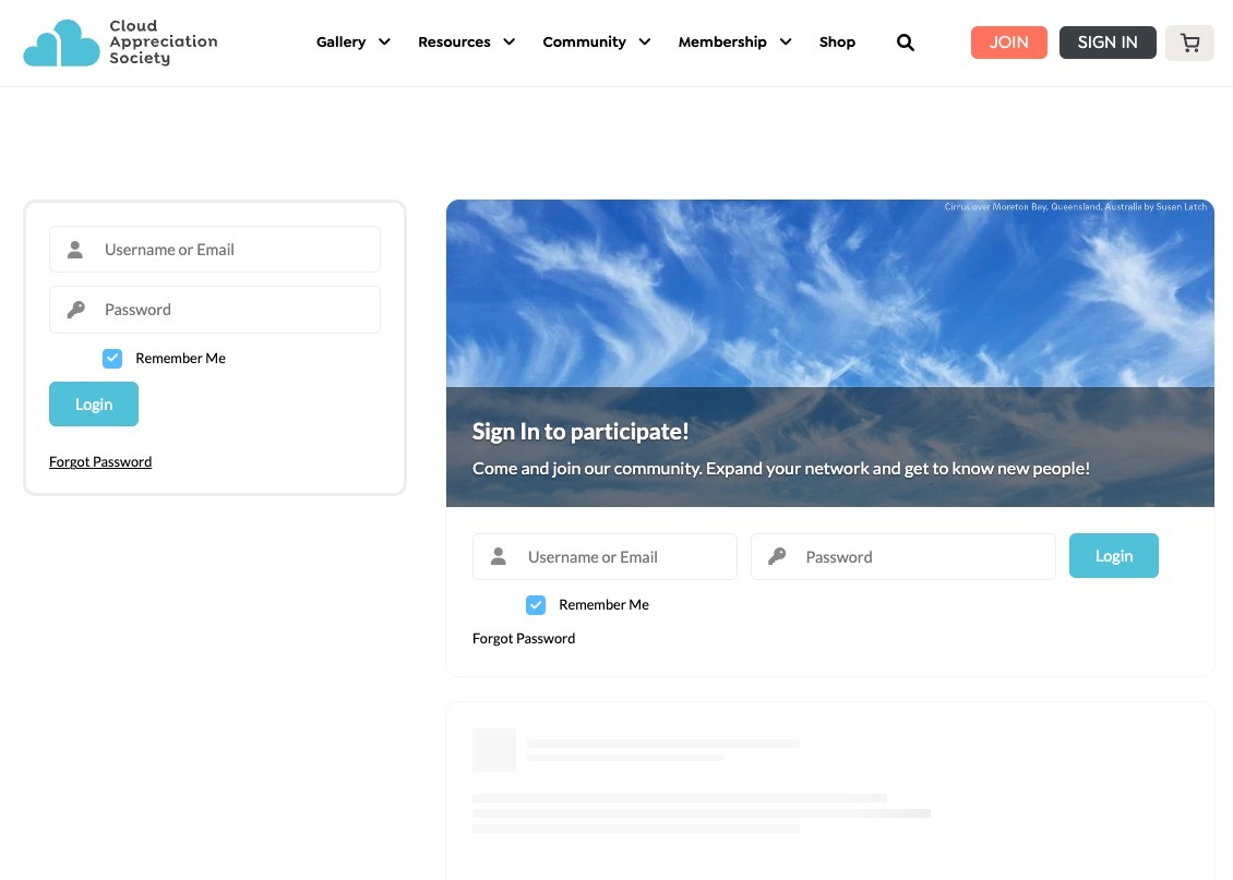 The community sign-in page, inviting visitors to sign in to participate, with username and password fields over a photo of cirrus clouds.