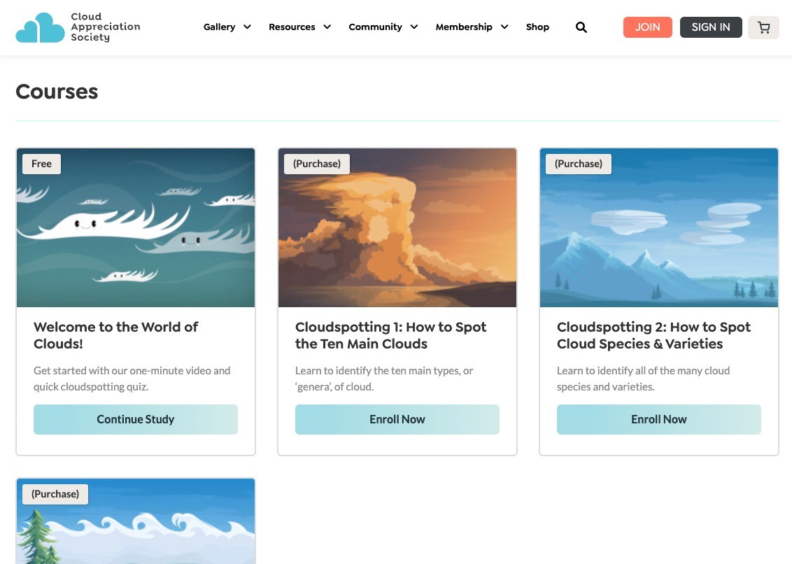 The Courses page, with cards for Welcome to the World of Clouds (free), Cloudspotting 1: How to Spot the Ten Main Clouds, and Cloudspotting 2: How to Spot Cloud Species & Varieties.