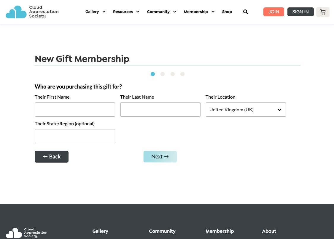 Step one of four in the New Gift Membership flow, asking for the recipient's first name, last name, location, and optional state or region.