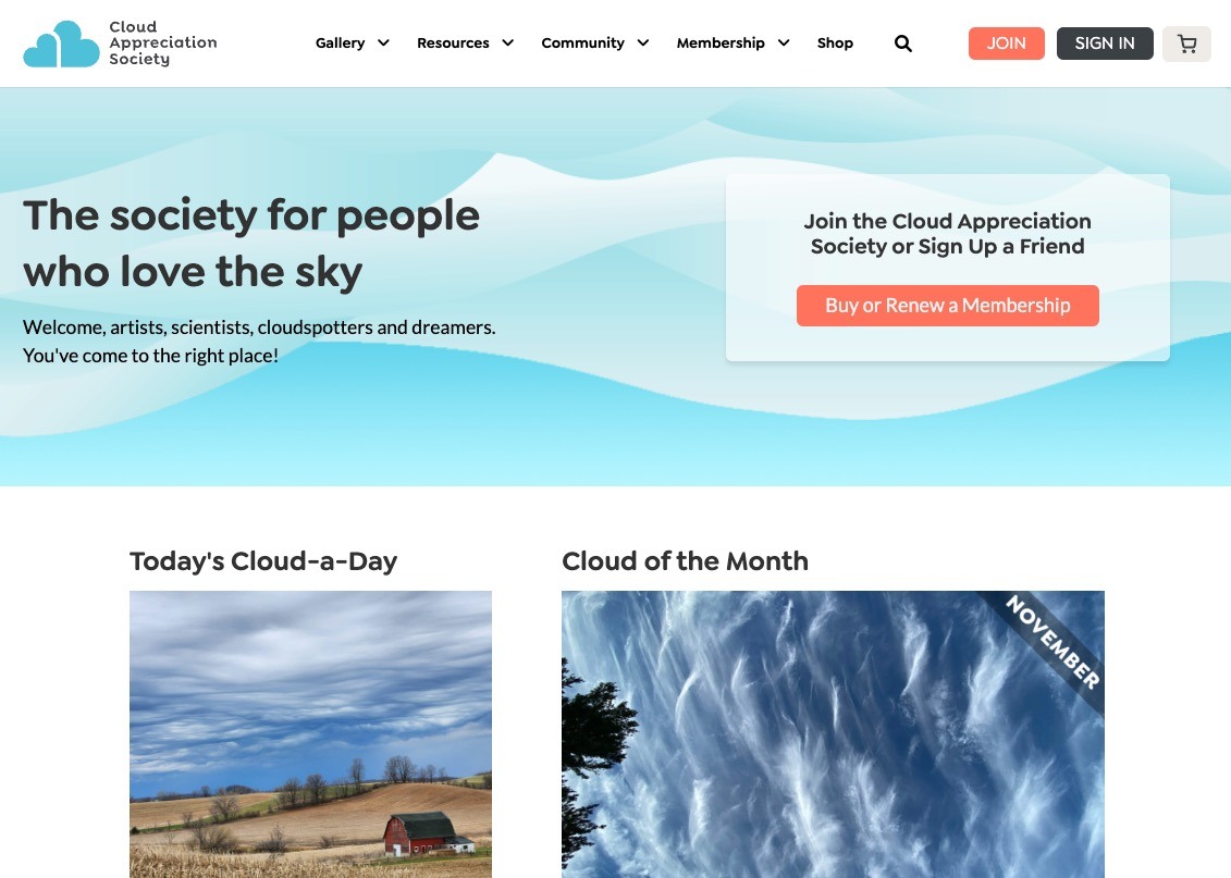 The Cloud Appreciation Society homepage, headed "The society for people who love the sky", with a Buy or Renew a Membership button and Today's Cloud-a-Day and Cloud of the Month photos below.