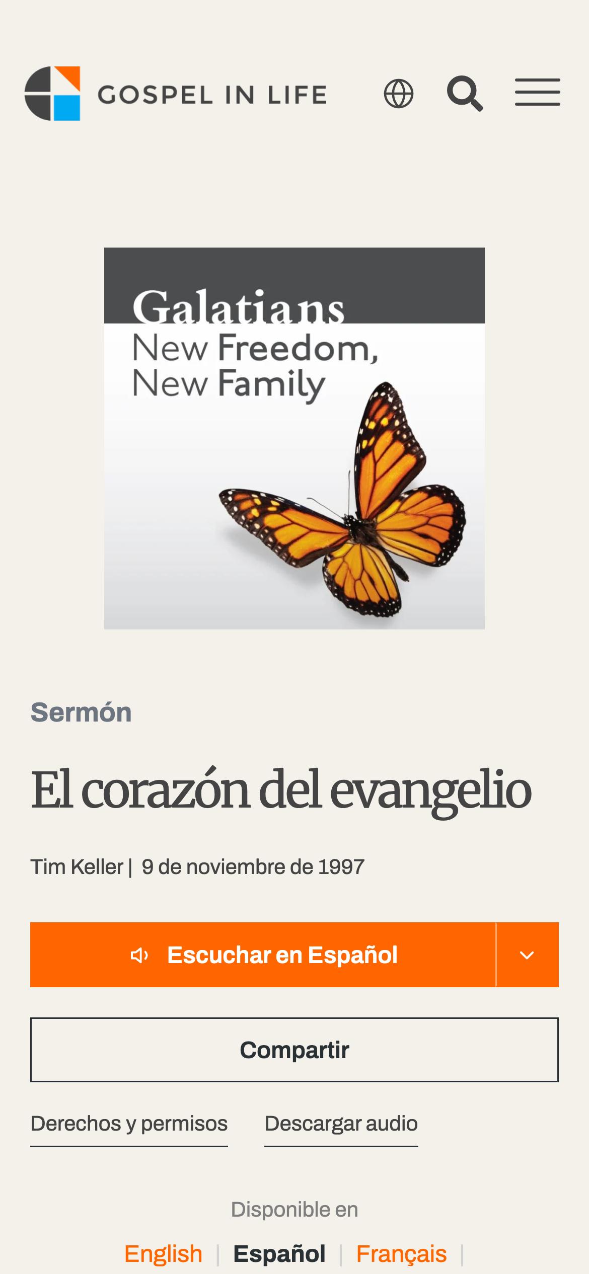 A Spanish sermon page on a phone, with the Galatians series art, the title "El corazón del evangelio" and an Escuchar en Español button.