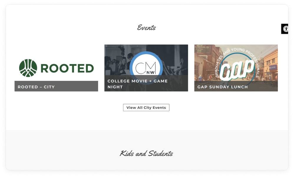 An Events module on the City Campus homepage with three event cards and a View All City Events button.