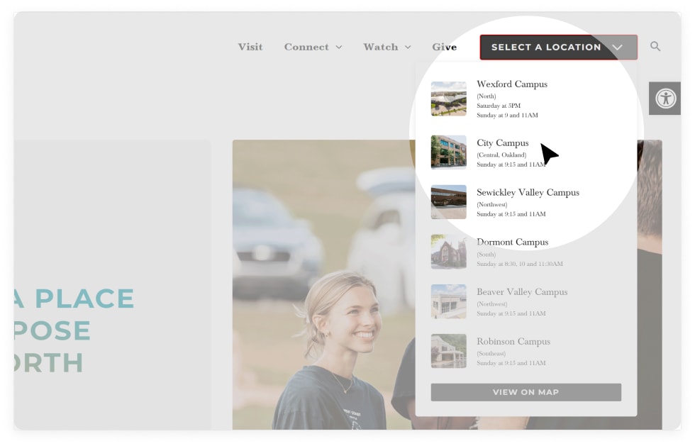The Select a Location dropdown in North Way's header, listing campuses such as Wexford, City, and Sewickley Valley, each with a photo, compass direction, and service times.
