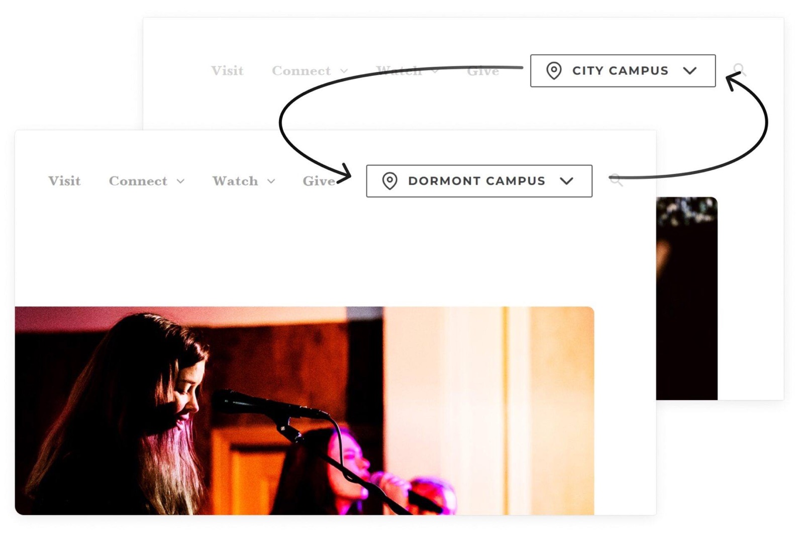 North Way's header with the location button changing from City Campus to Dormont Campus, shown as two overlapping screens connected by arrows.