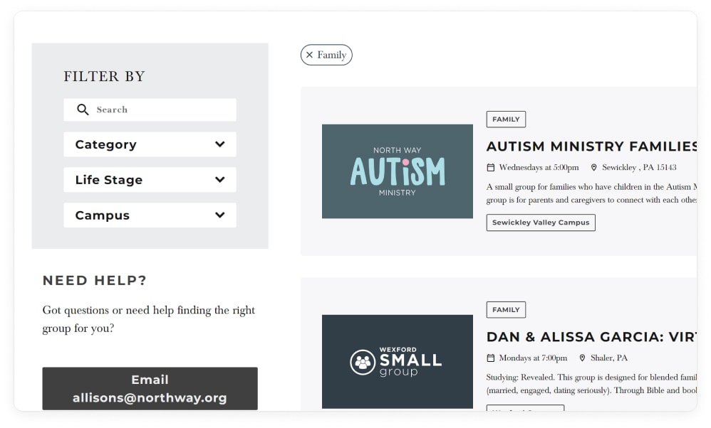 North Way's group finder, with search, category, life stage, and campus filters beside group listings tagged by campus.