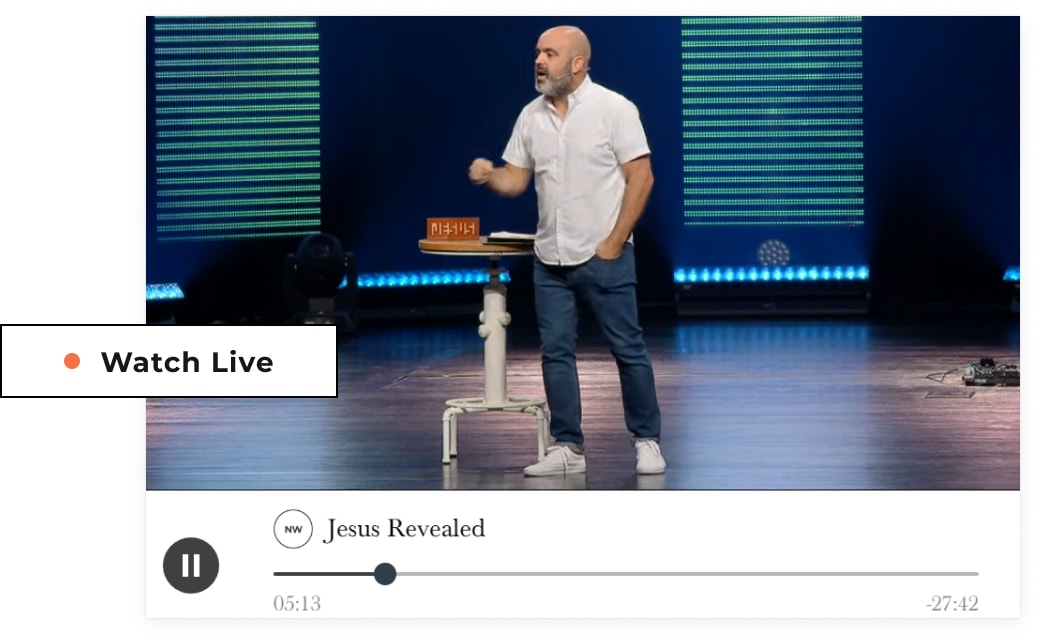 A North Way sermon video titled Jesus Revealed, with a Watch Live label and a player bar beneath the video.