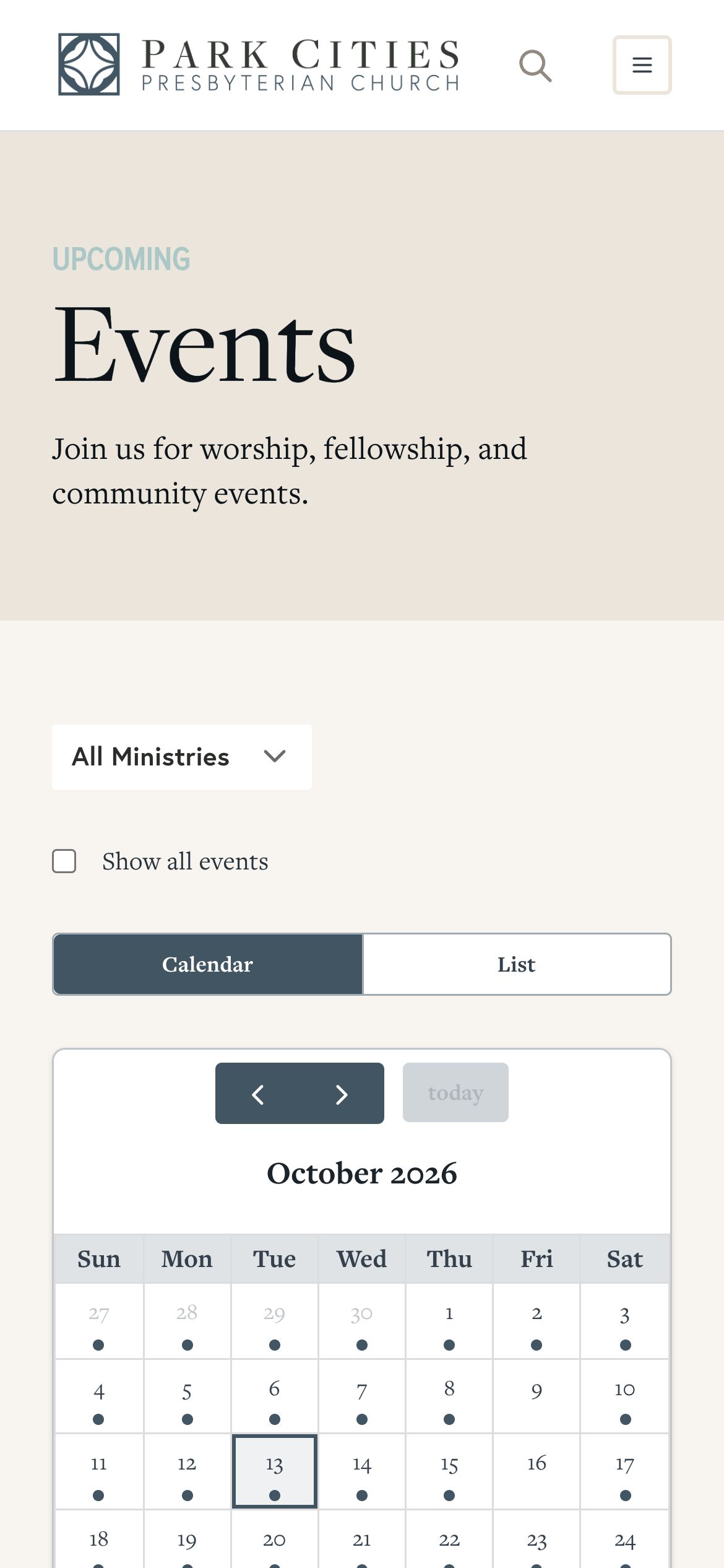 The events page on a phone, with a ministry filter, a Show all events toggle, and a compact dot calendar.