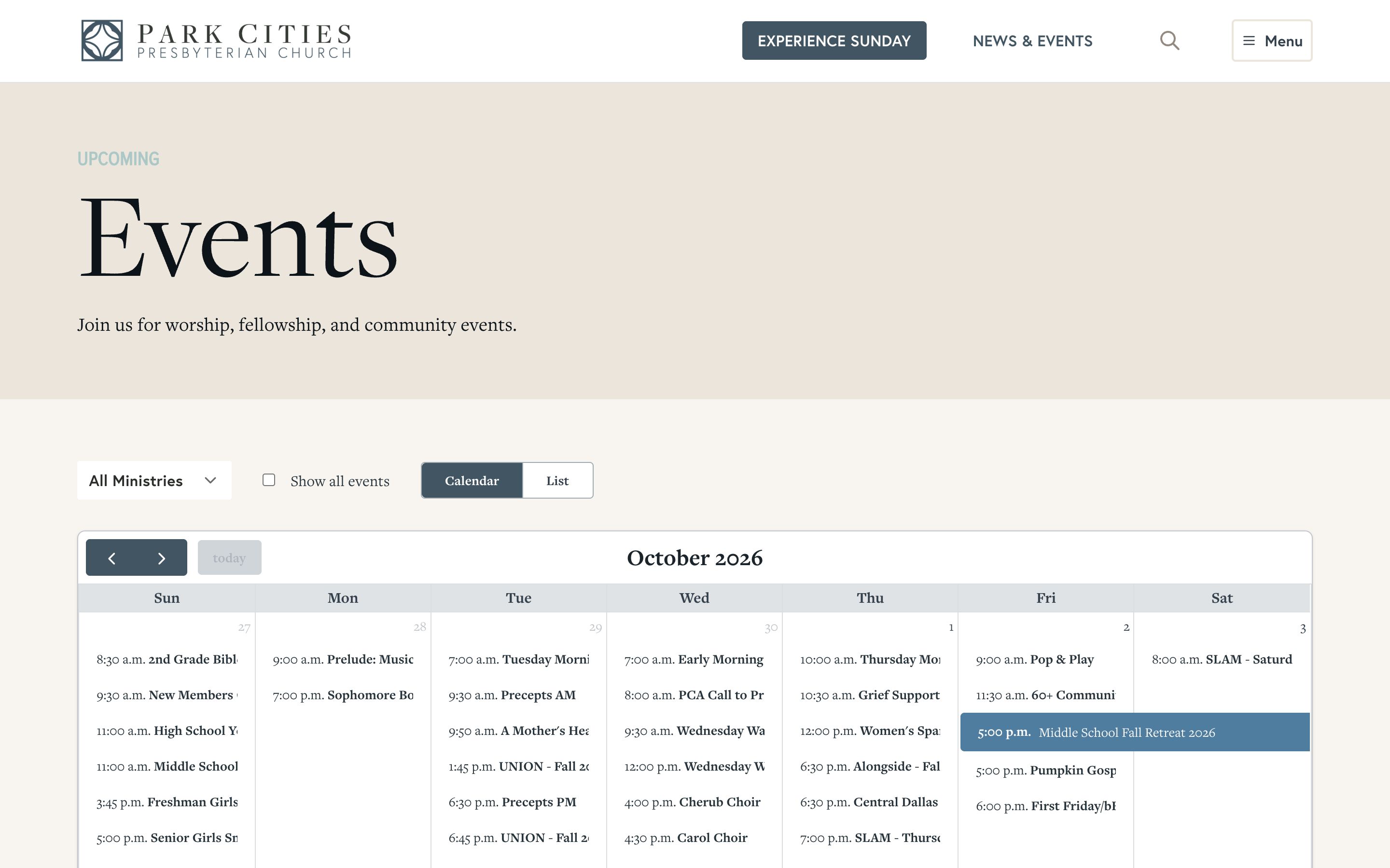 The PCPC events calendar, with an All Ministries filter, a Show all events toggle, and a switch between calendar and list views.