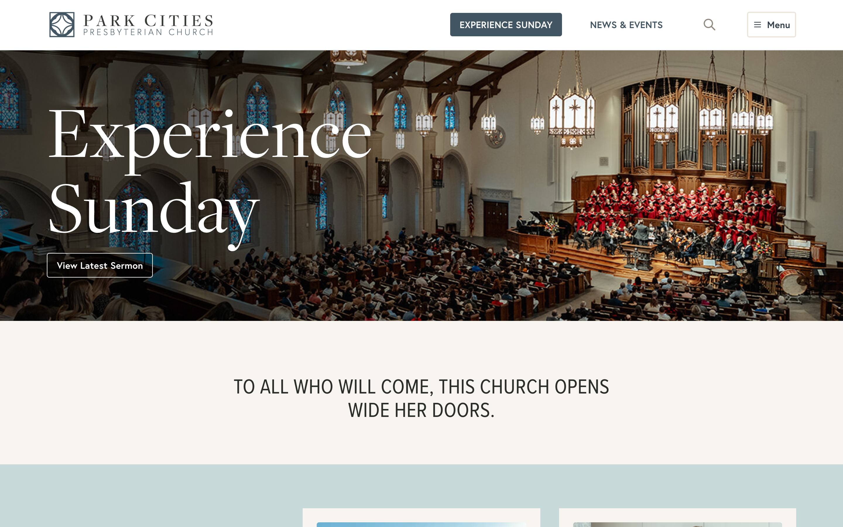 The Experience Sunday page, with its headline over a photo of the sanctuary, choir, and orchestra during worship.