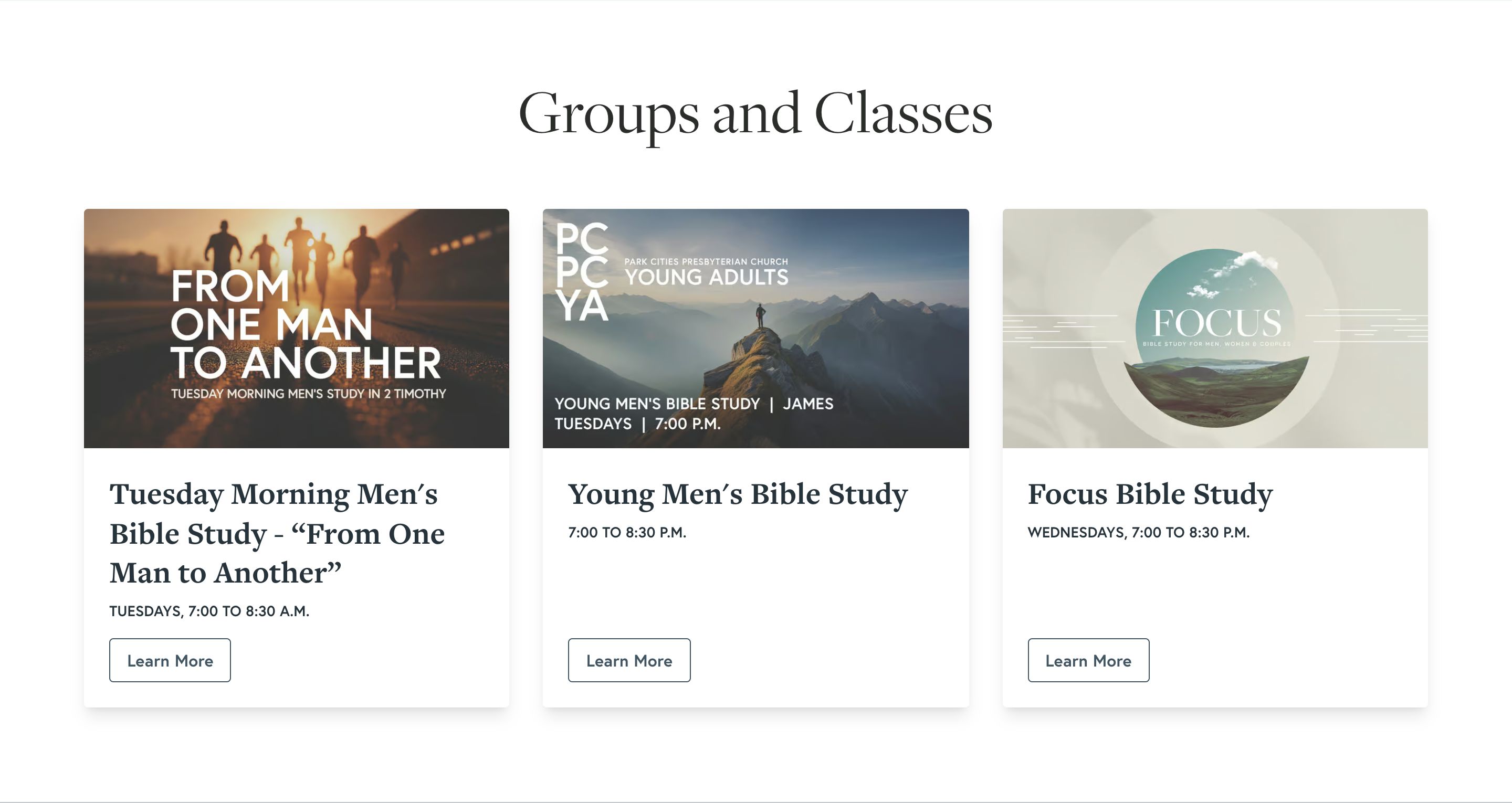 A Groups and Classes section on the PCPC men's ministry page, with image cards for each group.