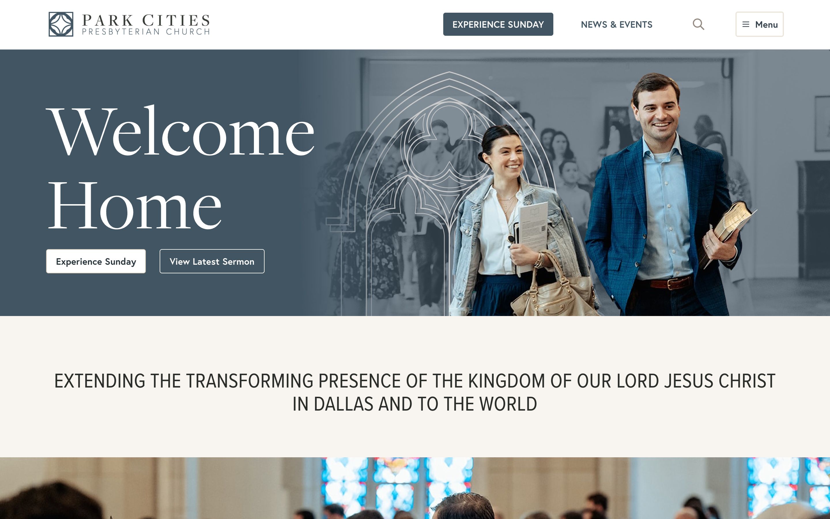 The PCPC homepage, with a "Welcome Home" headline, Experience Sunday and View Latest Sermon buttons, and Gothic-arch line art layered over a photo of two church members.