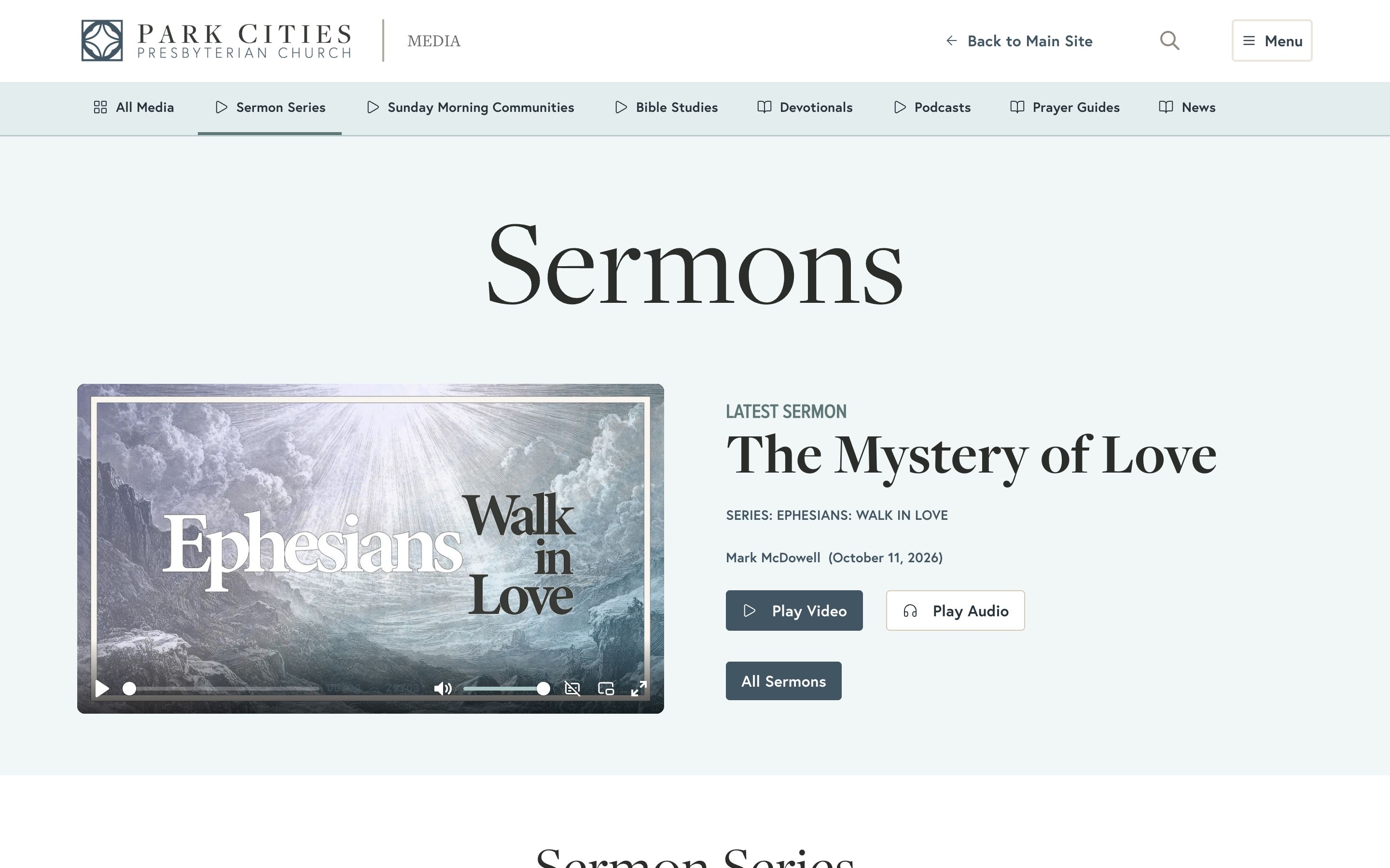 The PCPC media page, with tabs for Sermon Series, Sunday Morning Communities, Bible Studies, Devotionals, Podcasts, Prayer Guides, and News above the latest sermon and its video player.