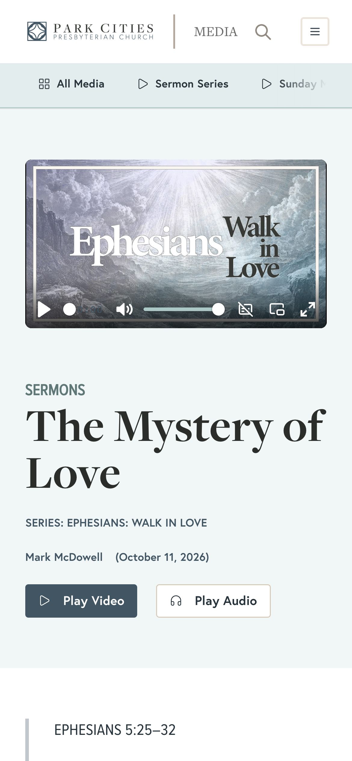 A sermon page on a phone, with the video player and Play Video and Play Audio buttons.