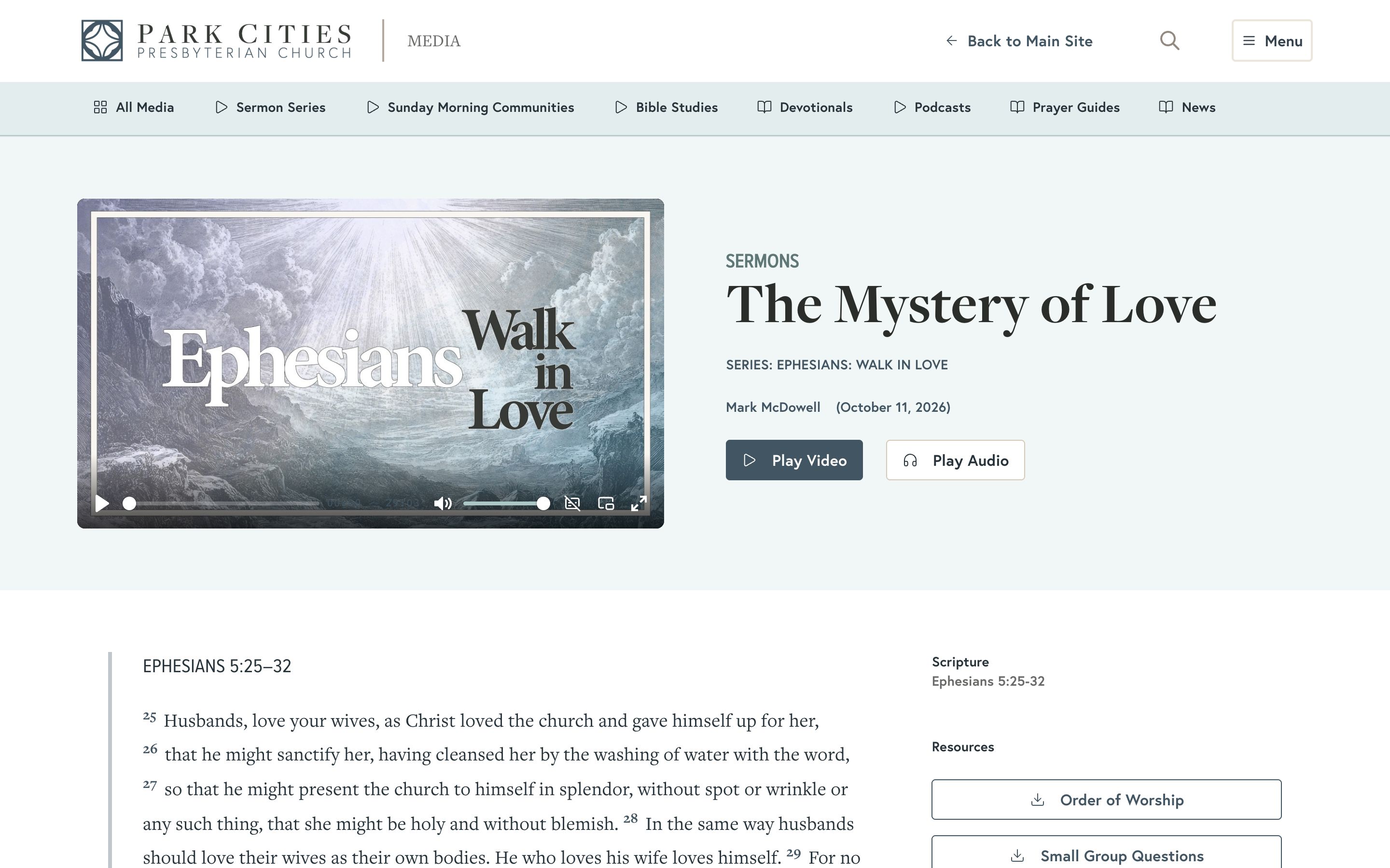 A PCPC sermon page with a video player, Play Video and Play Audio buttons, the scripture passage, and a sidebar linking the order of worship and small group questions.