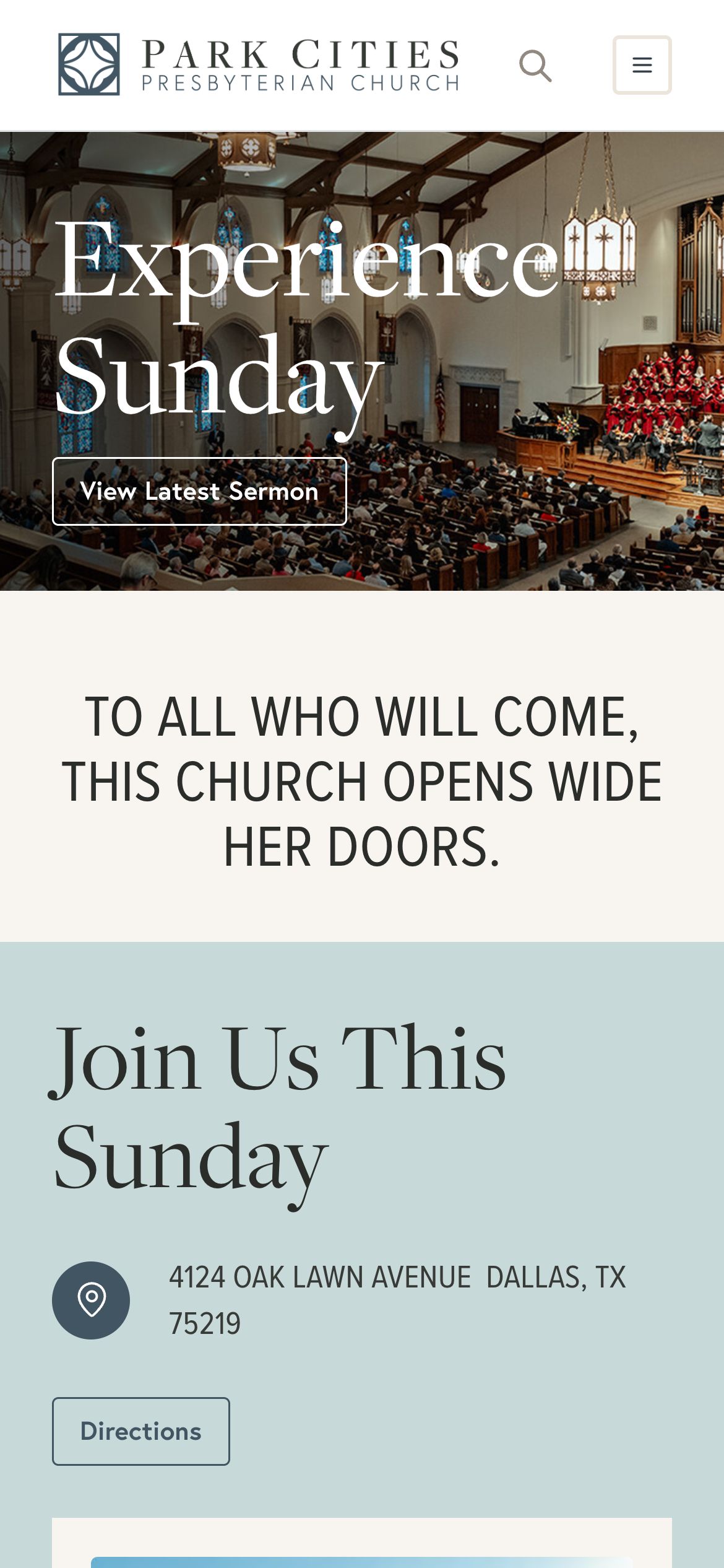 Experience Sunday on a phone, showing the hero, the tagline, the church address, and a Directions button.