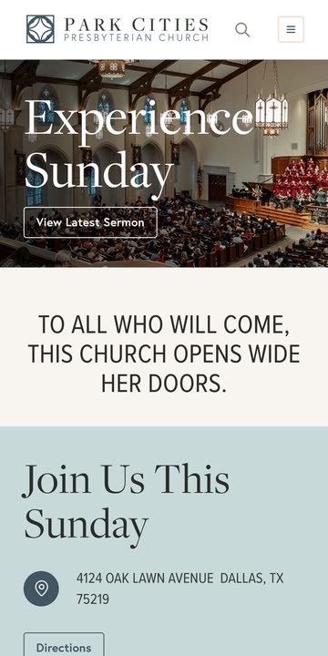 Park Cities Presbyterian Experience Sunday page on a phone