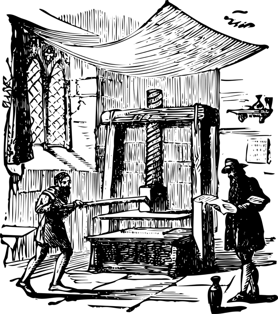 Black and white sketch of 2 people using a Gutenberg-style printing press